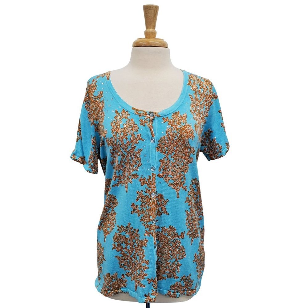 Quacker Factory Button Front Embellished Short Sleeve Knit Top Size M Blue Brown